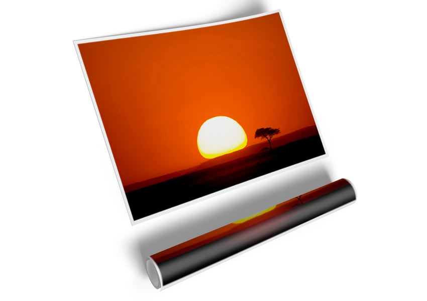 A vibrant canvas poster depicting an African sunrise with warm colors and serene landscape.