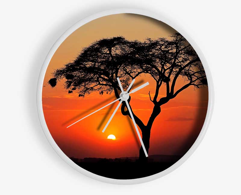 African Sunset clock made from natural bamboo with a round face, available in black, white, and natural frame colors.