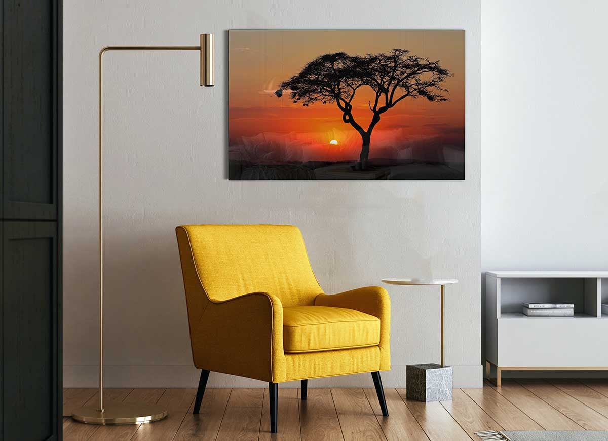 A vibrant glass print depicting an African sunset with rich colors of orange, red, and purple, perfect for modern home decor.