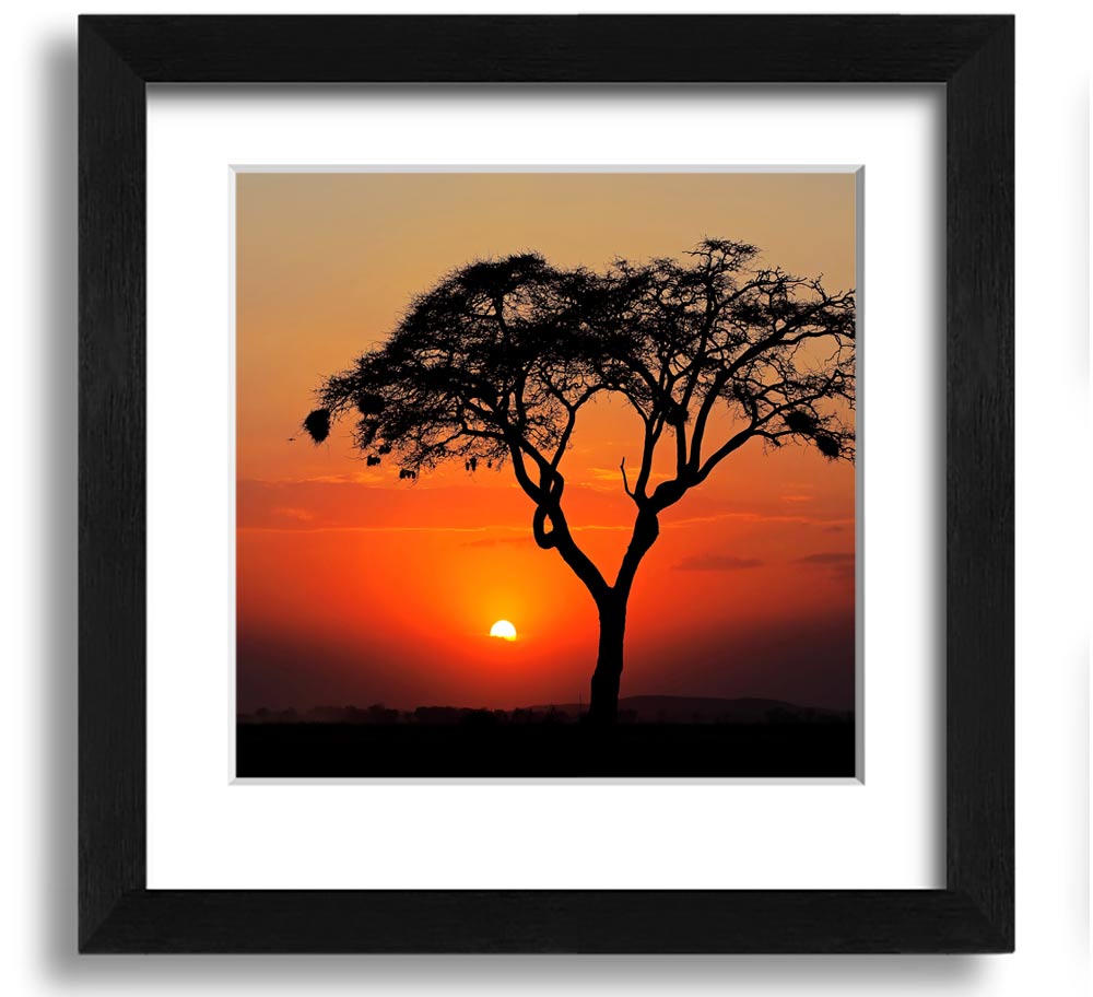 A beautifully framed print of an African sunset, showcasing vibrant colors and serene landscapes, ready to hang.