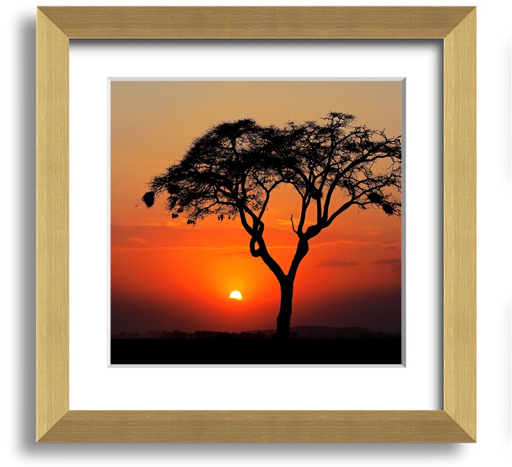 A beautifully framed print of an African sunset, showcasing vibrant colors and serene landscapes, ready to hang.