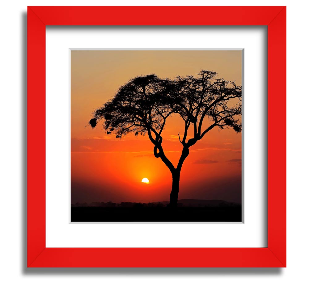 A beautifully framed print of an African sunset, showcasing vibrant colors and serene landscapes, ready to hang.