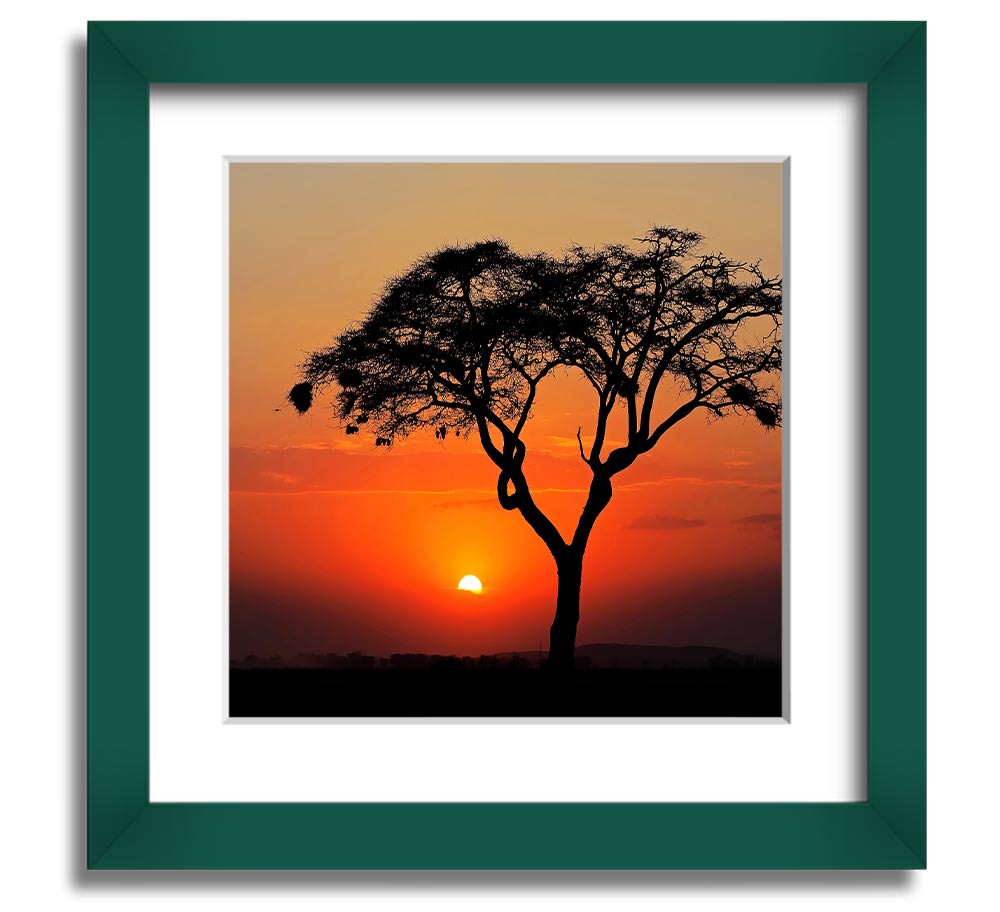 A beautifully framed print of an African sunset, showcasing vibrant colors and serene landscapes, ready to hang.