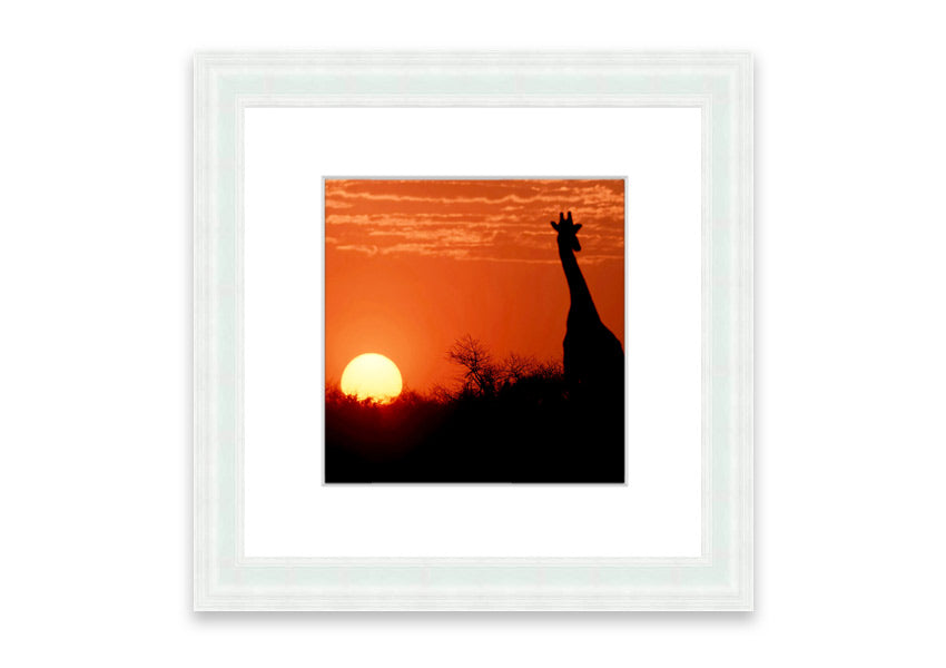 Framed print of an African sunset with a giraffe silhouette, showcasing vibrant colors and elegant design.