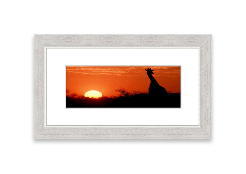 Framed print of an African sunset with a giraffe silhouette, showcasing vibrant colors and elegant design.