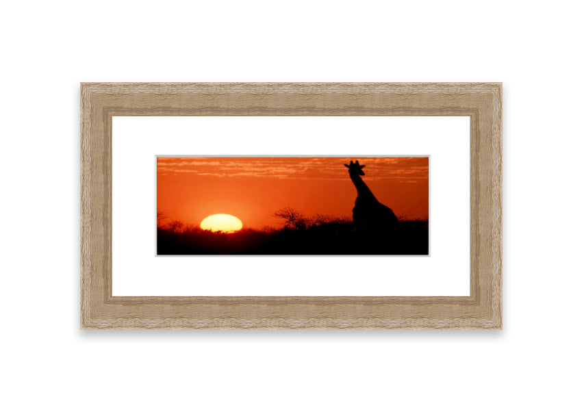 Framed print of an African sunset with a giraffe silhouette, showcasing vibrant colors and elegant design.