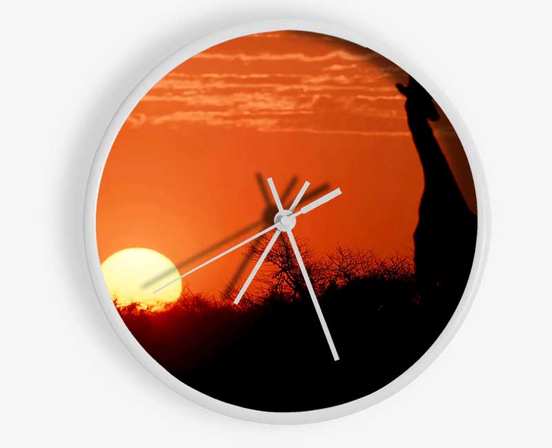 A beautifully designed African Sunset Giraffe clock made from natural bamboo, featuring a round face and clear Plexiglas lens.