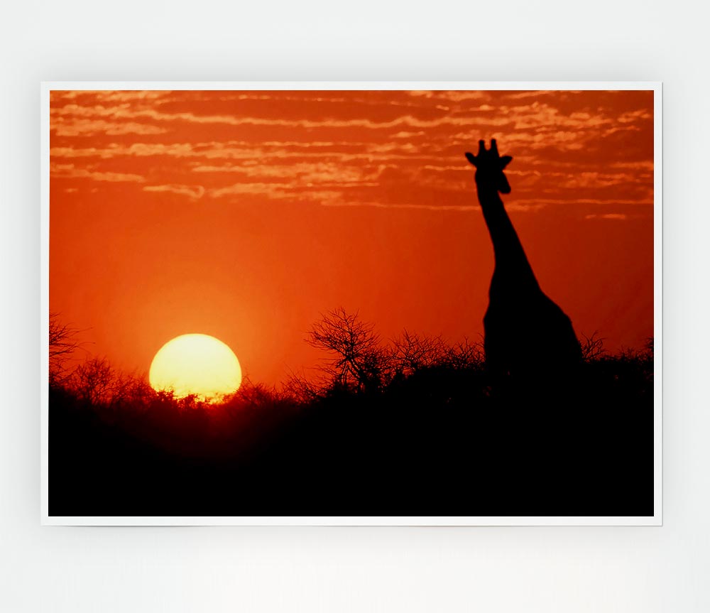 A beautiful canvas poster featuring a giraffe silhouette against a vibrant African sunset.