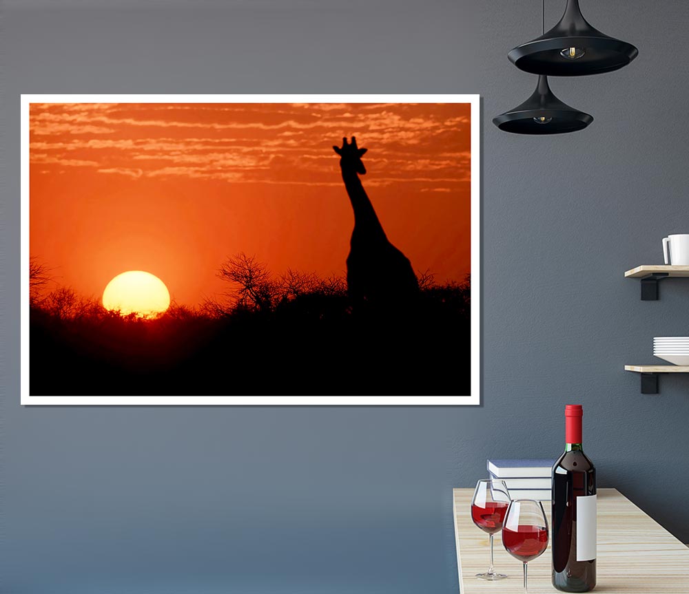 A beautiful canvas poster featuring a giraffe silhouette against a vibrant African sunset.