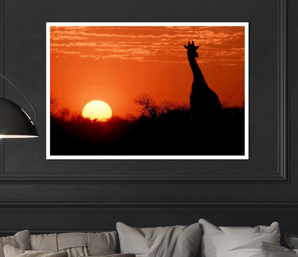 A beautiful canvas poster featuring a giraffe silhouette against a vibrant African sunset.