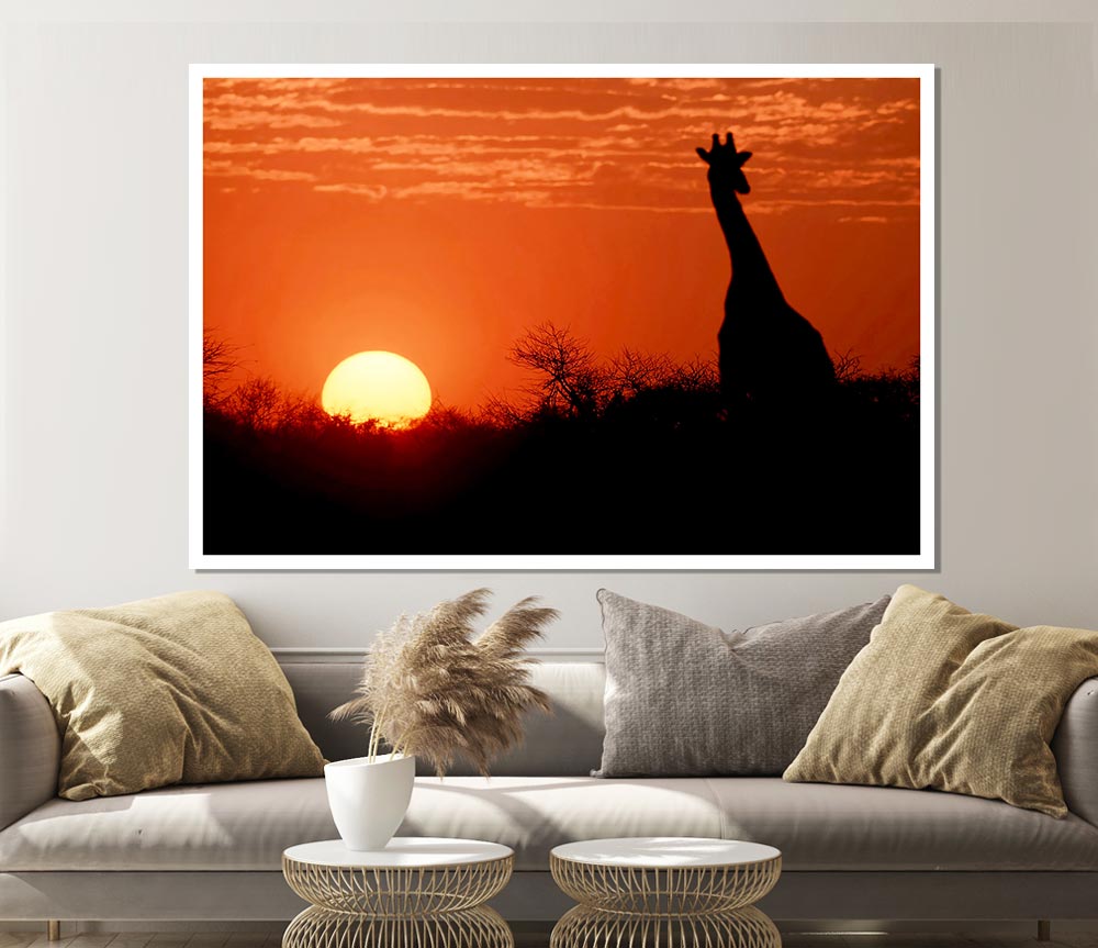 A beautiful canvas poster featuring a giraffe silhouette against a vibrant African sunset.