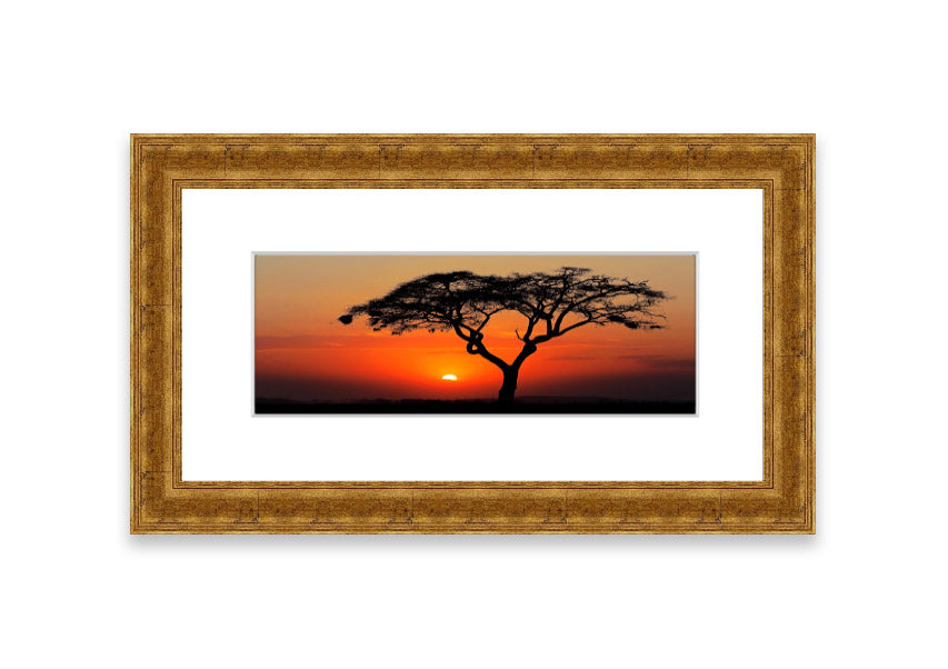 Framed print of an African sunset, showcasing vibrant colors and serene landscape, ready to hang.