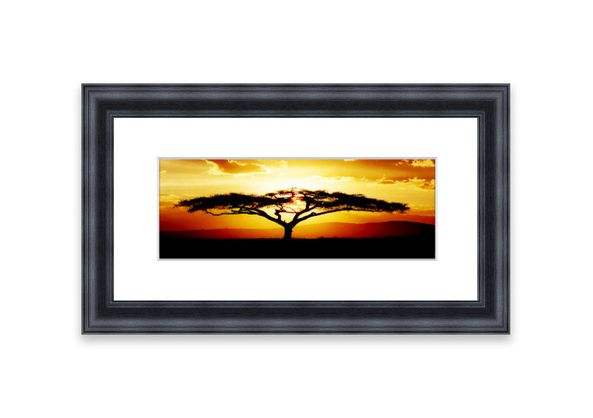 Framed print of an African tree at sunset, showcasing vibrant colors and a serene landscape.