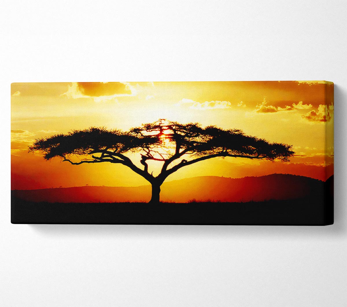 Canvas art featuring an African tree silhouetted against a vibrant sunset, mounted on a box frame.