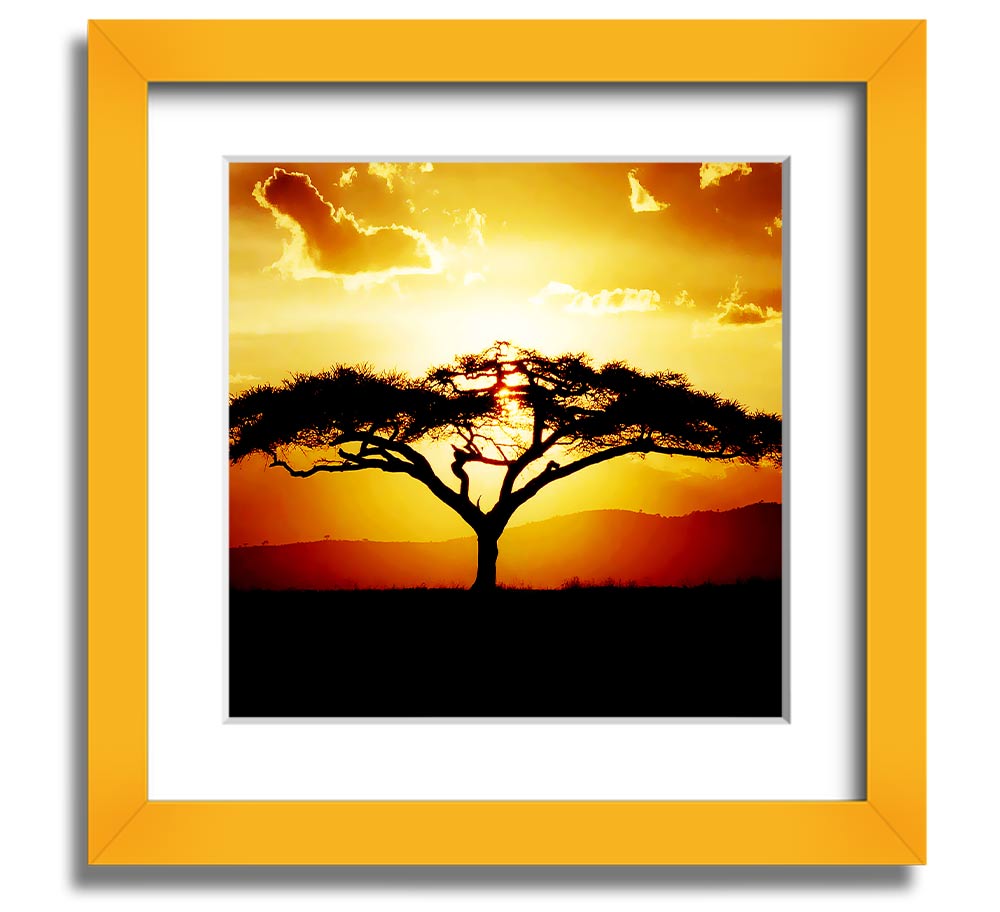 A beautifully framed print of an African tree at sunset, showcasing vibrant colors and intricate details.