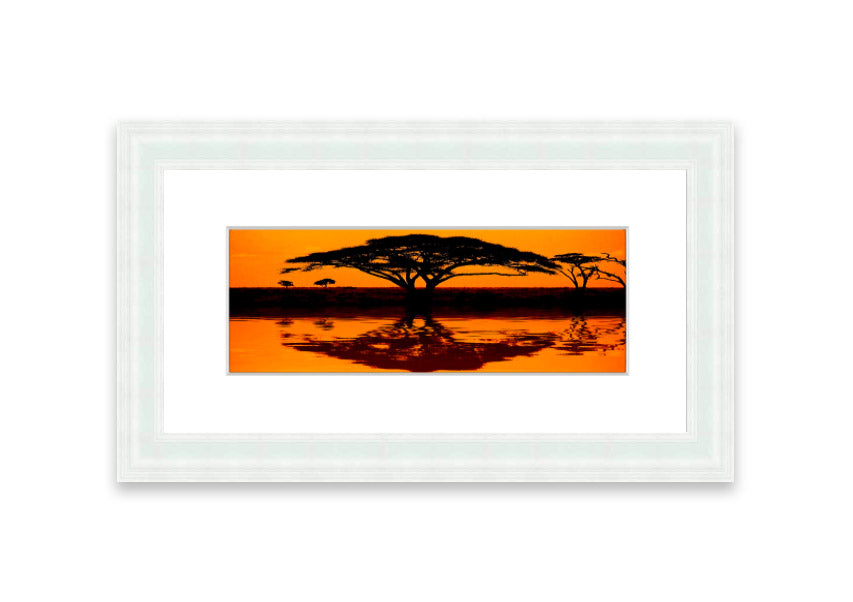 Framed print of African Tree Reflection, showcasing serene nature artwork with multiple frame color options.