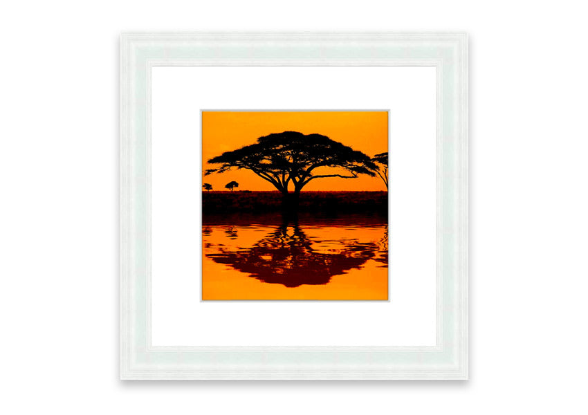 Framed print of African Tree Reflection, showcasing serene nature artwork with multiple frame color options.