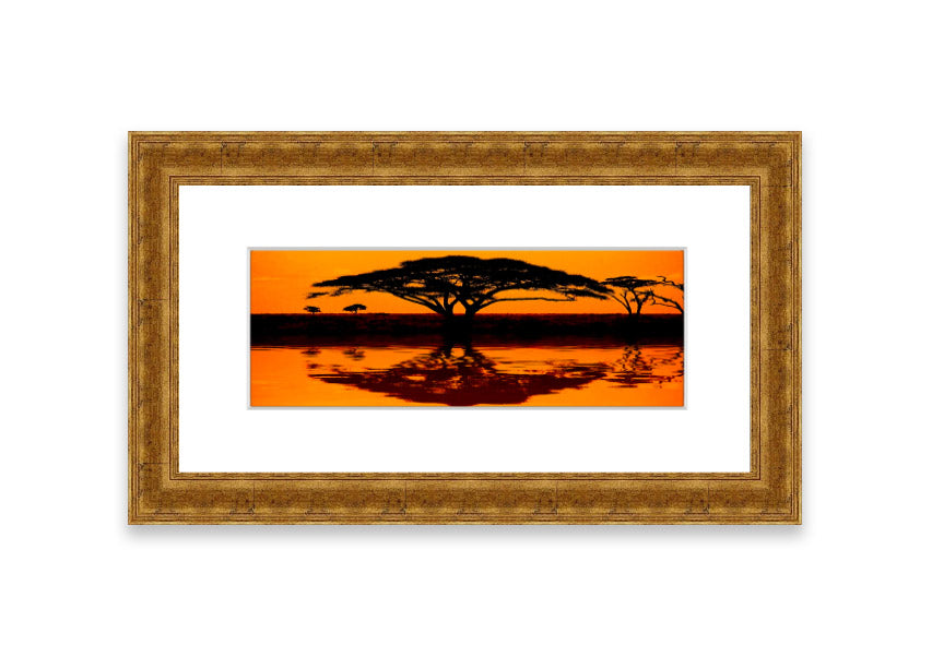 Framed print of African Tree Reflection, showcasing serene nature artwork with multiple frame color options.