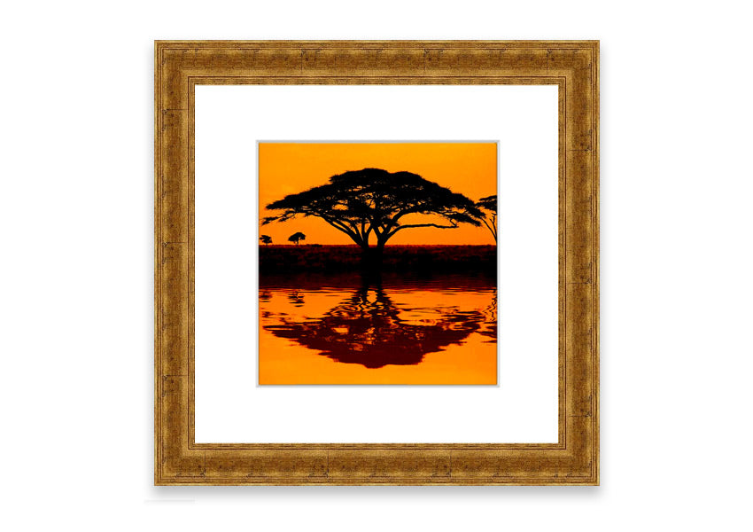 Framed print of African Tree Reflection, showcasing serene nature artwork with multiple frame color options.