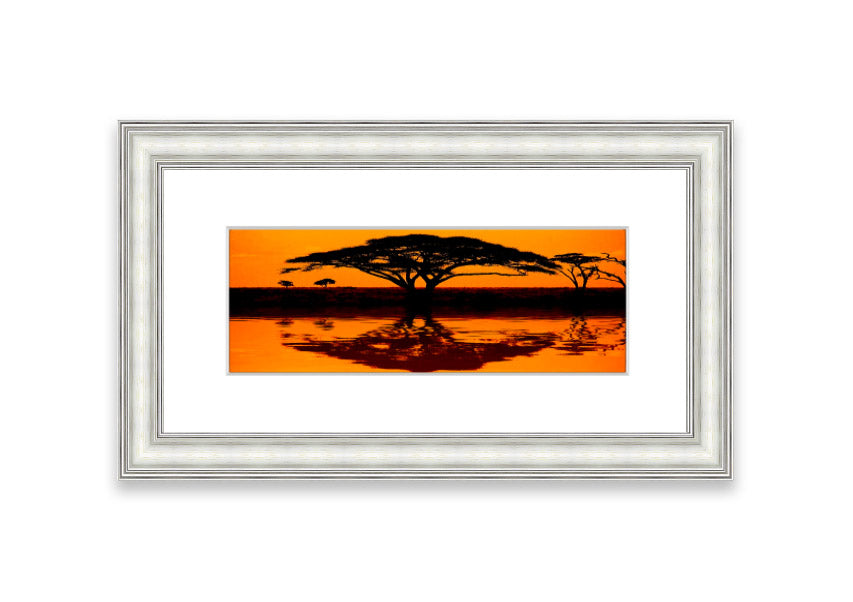 Framed print of African Tree Reflection, showcasing serene nature artwork with multiple frame color options.