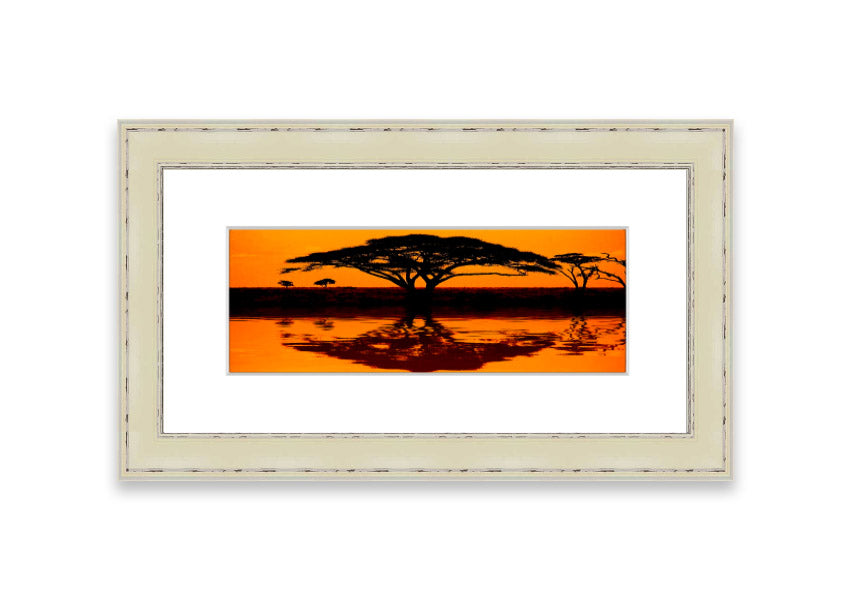 Framed print of African Tree Reflection, showcasing serene nature artwork with multiple frame color options.