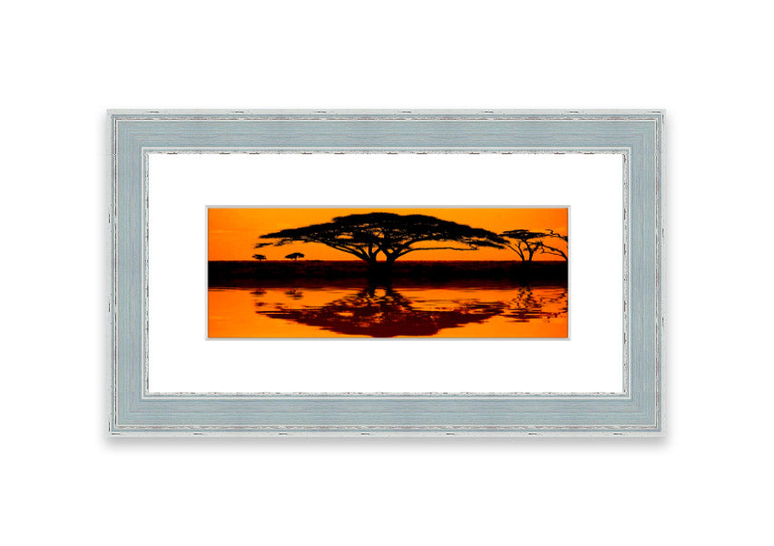 Framed print of African Tree Reflection, showcasing serene nature artwork with multiple frame color options.