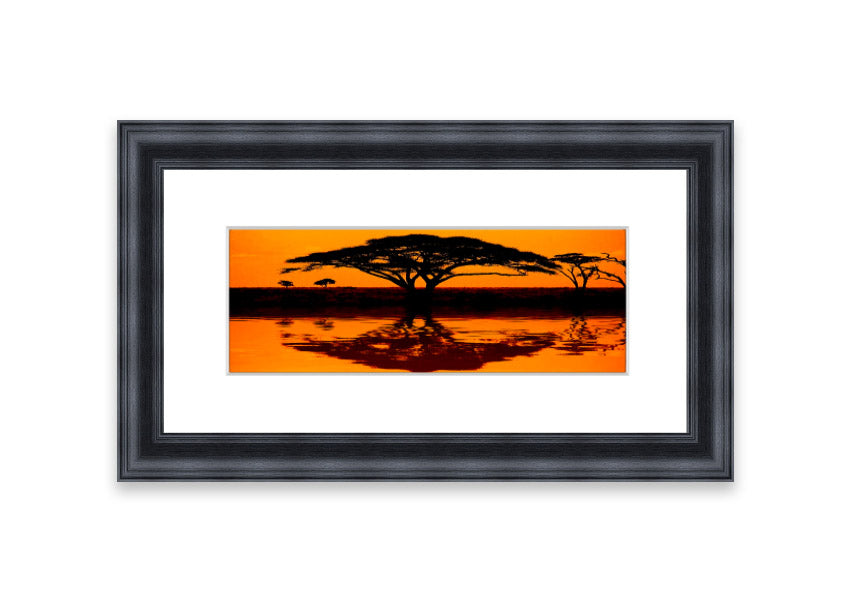 Framed print of African Tree Reflection, showcasing serene nature artwork with multiple frame color options.