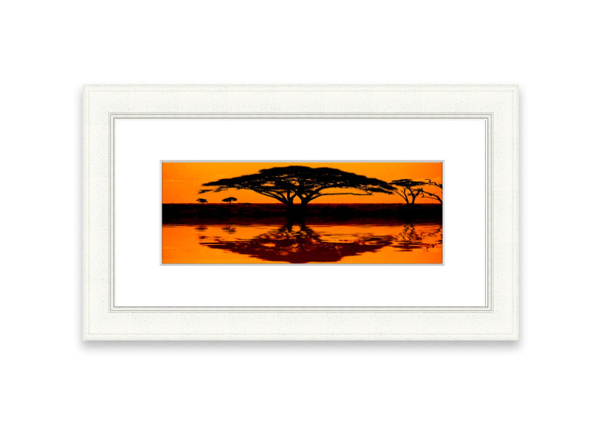 Framed print of African Tree Reflection, showcasing serene nature artwork with multiple frame color options.