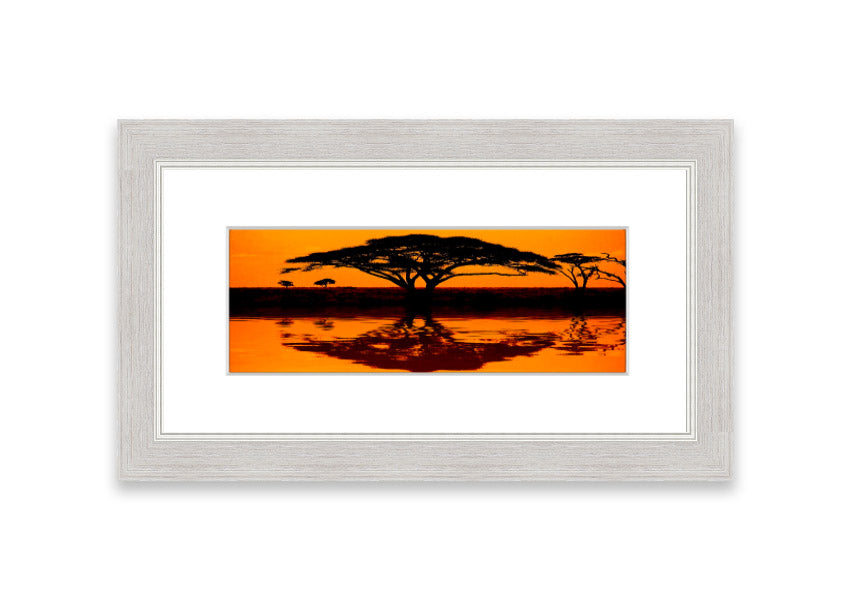 Framed print of African Tree Reflection, showcasing serene nature artwork with multiple frame color options.