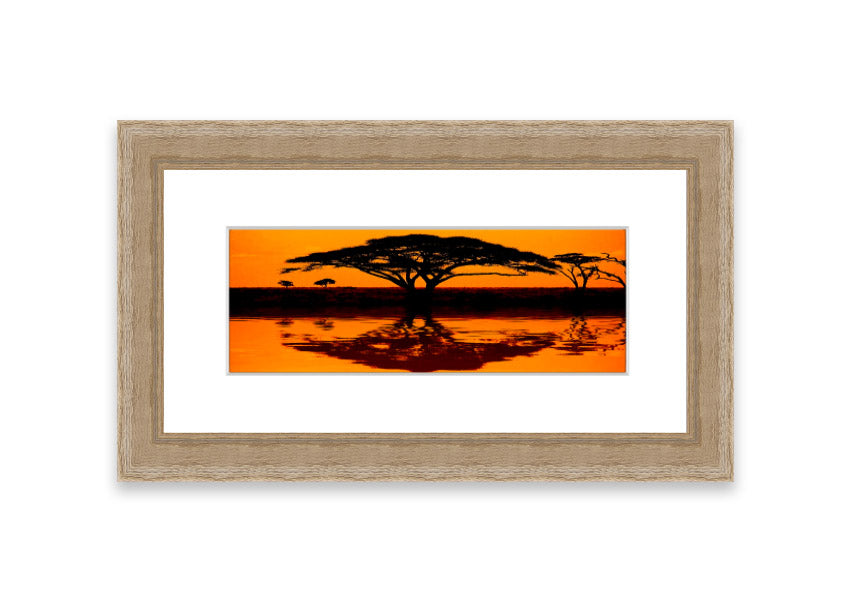 Framed print of African Tree Reflection, showcasing serene nature artwork with multiple frame color options.