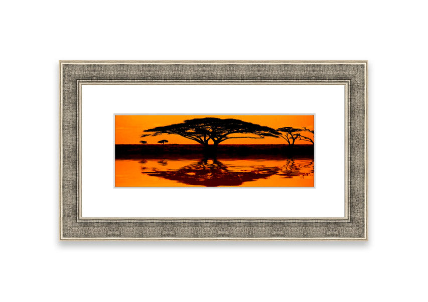 Framed print of African Tree Reflection, showcasing serene nature artwork with multiple frame color options.