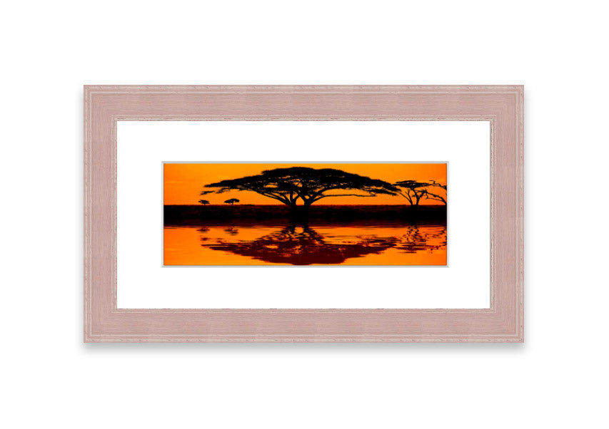 Framed print of African Tree Reflection, showcasing serene nature artwork with multiple frame color options.