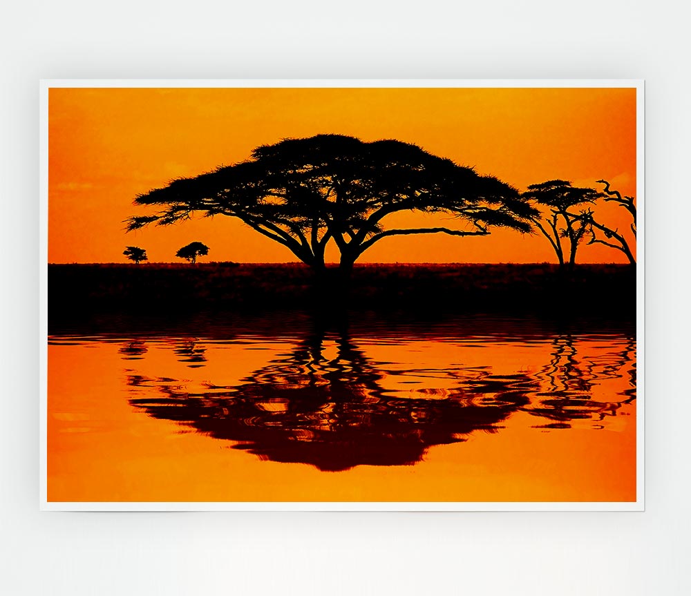 A vibrant African Tree Reflection poster printed on high-quality canvas, showcasing intricate details and colors.