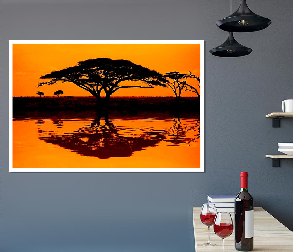 A vibrant African Tree Reflection poster printed on high-quality canvas, showcasing intricate details and colors.