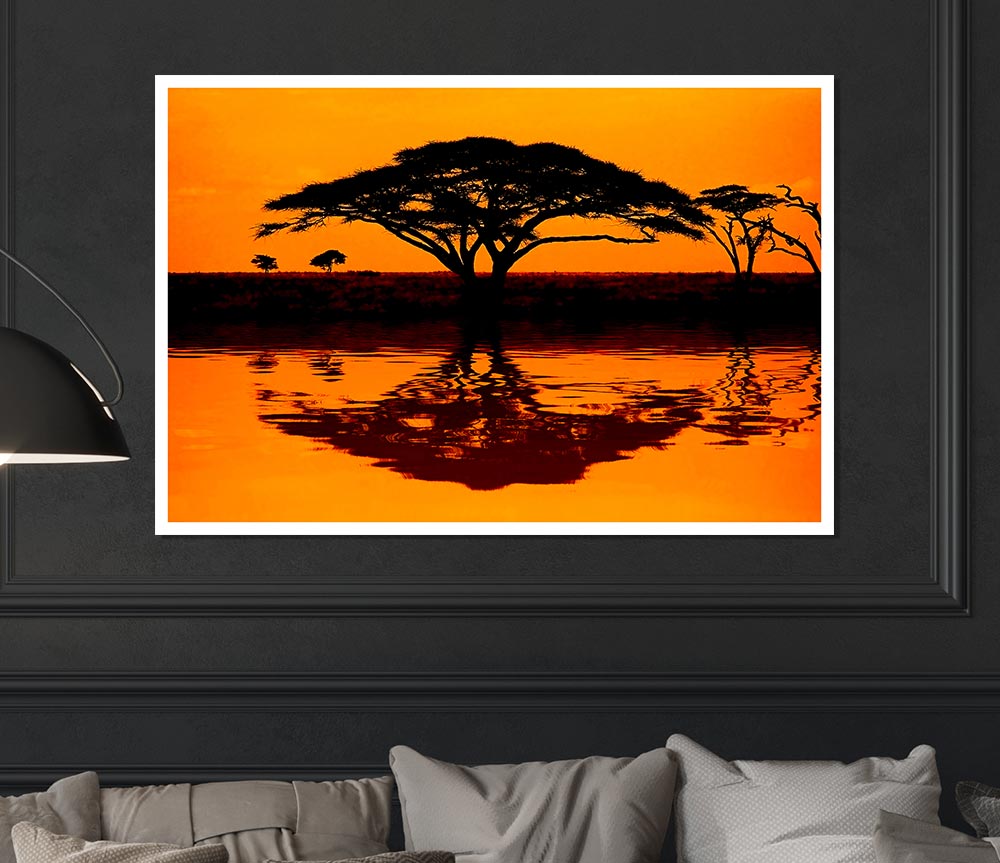 A vibrant African Tree Reflection poster printed on high-quality canvas, showcasing intricate details and colors.