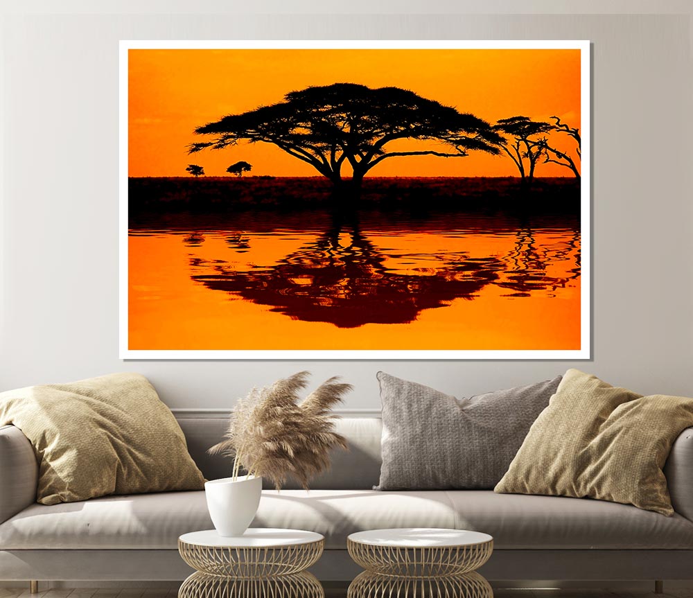 A vibrant African Tree Reflection poster printed on high-quality canvas, showcasing intricate details and colors.