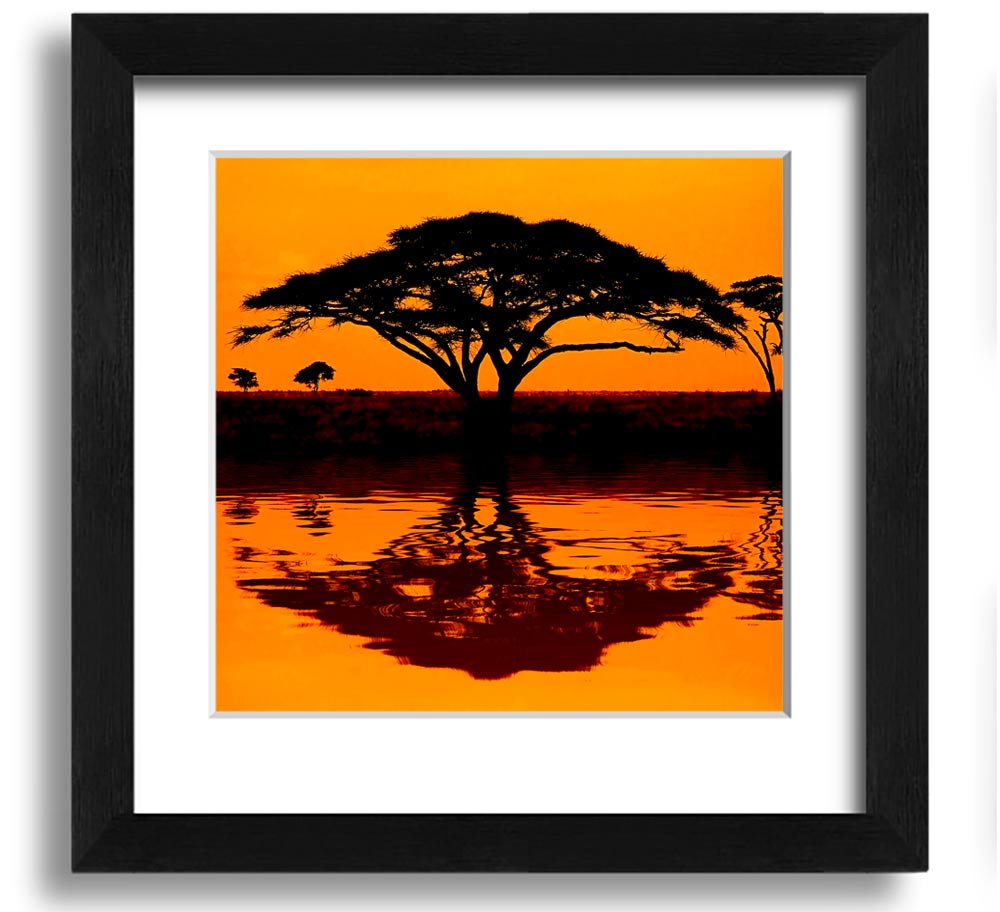 A beautifully framed print of an African tree reflecting in serene waters, showcasing vibrant colors and intricate details.