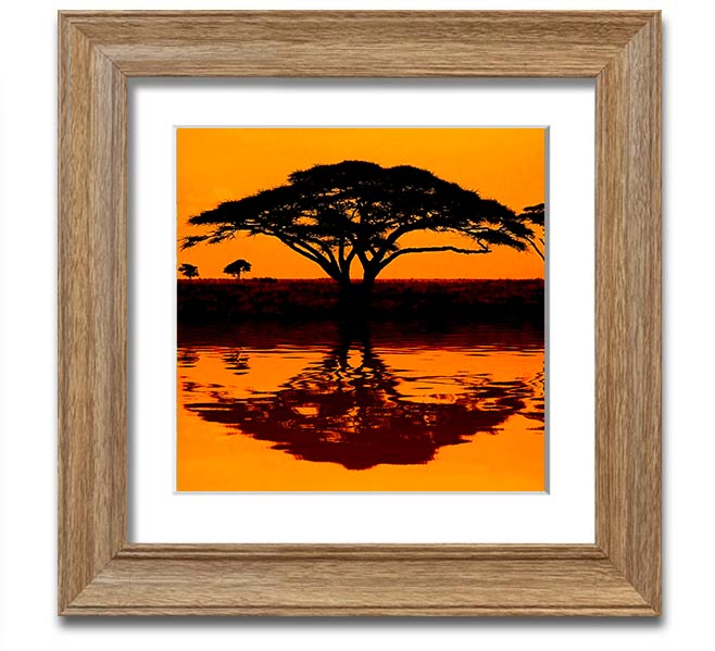 A beautifully framed print of an African tree reflecting in serene waters, showcasing vibrant colors and intricate details.