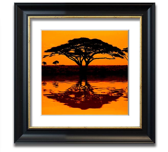 A beautifully framed print of an African tree reflecting in serene waters, showcasing vibrant colors and intricate details.