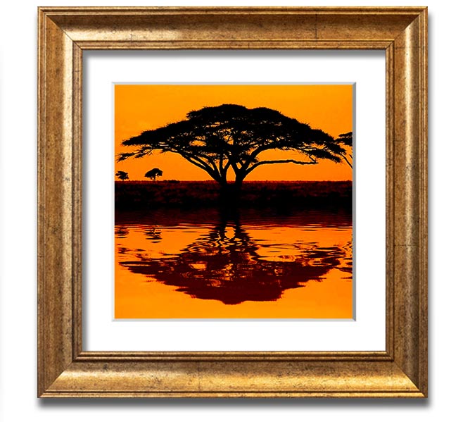 A beautifully framed print of an African tree reflecting in serene waters, showcasing vibrant colors and intricate details.