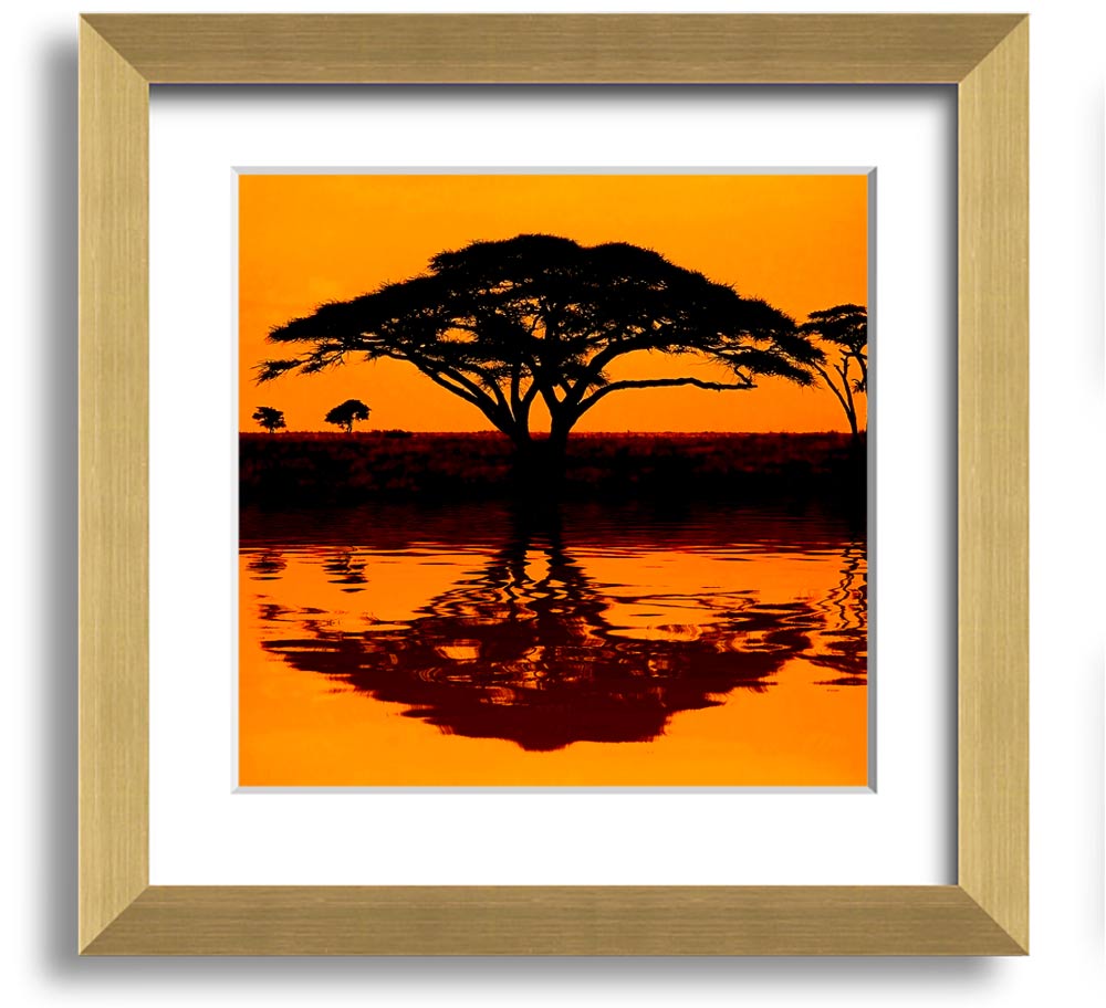 A beautifully framed print of an African tree reflecting in serene waters, showcasing vibrant colors and intricate details.