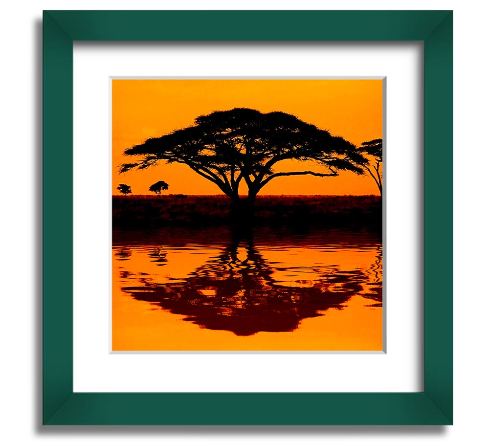 A beautifully framed print of an African tree reflecting in serene waters, showcasing vibrant colors and intricate details.