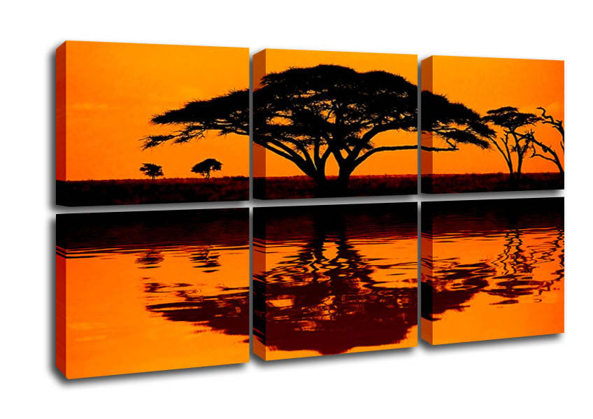 A vibrant canvas print of an African tree reflecting in serene waters, mounted on a sturdy frame.