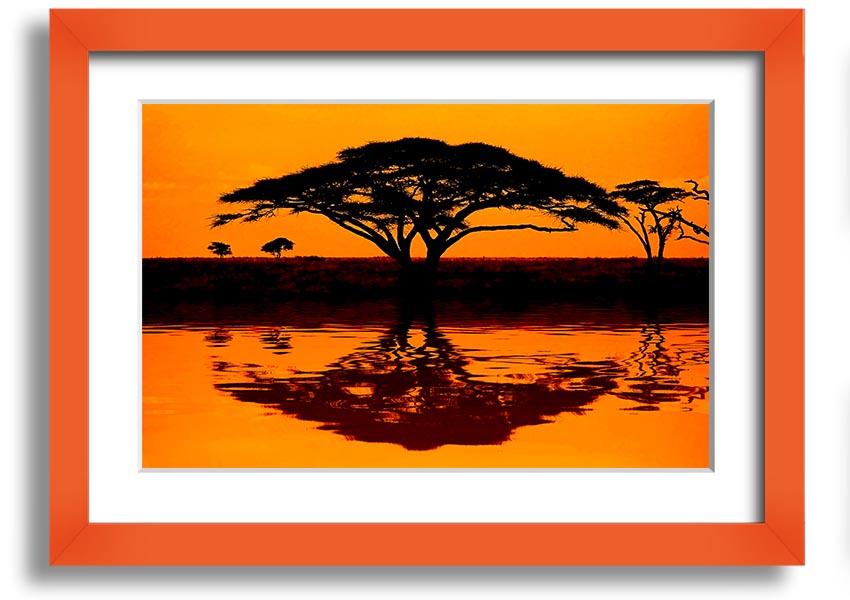 Framed print of an African tree reflection, showcasing vibrant colors and intricate details, ready to hang.