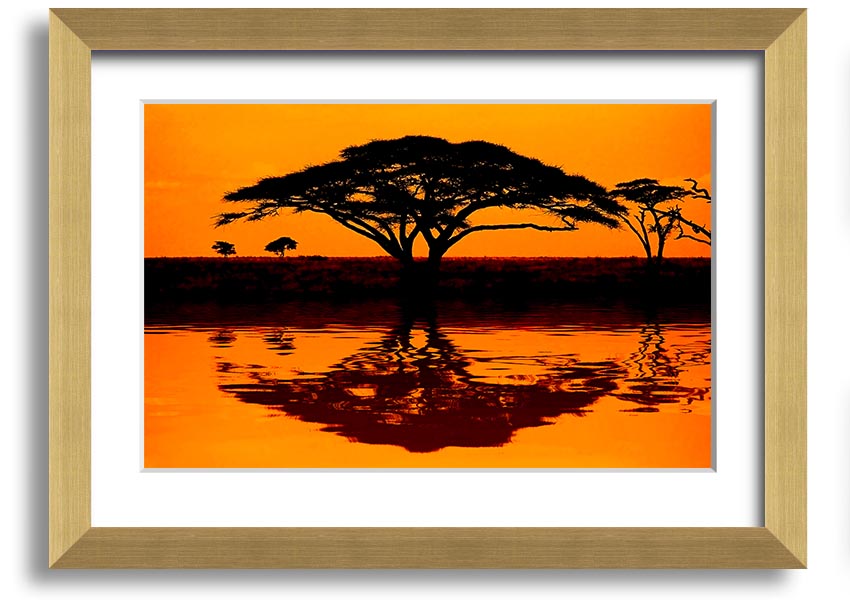 Framed print of an African tree reflection, showcasing vibrant colors and intricate details, ready to hang.