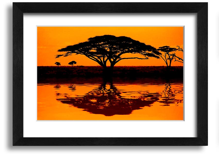 Framed print of an African tree reflection, showcasing vibrant colors and intricate details, ready to hang.