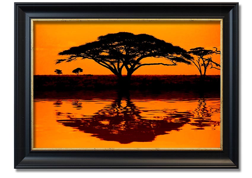 Framed print of an African tree reflection, showcasing vibrant colors and intricate details, ready to hang.