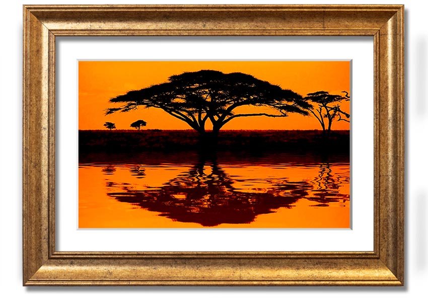 Framed print of an African tree reflection, showcasing vibrant colors and intricate details, ready to hang.