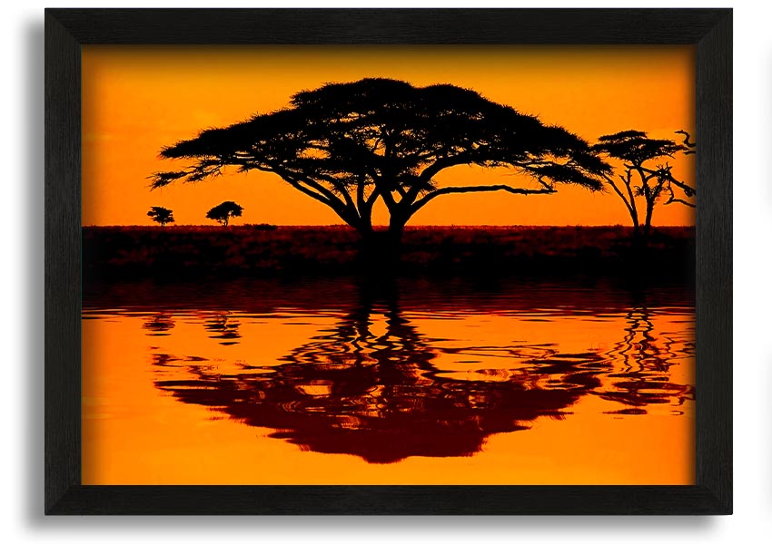 Framed print of an African tree reflection, showcasing vibrant colors and intricate details, ready to hang.