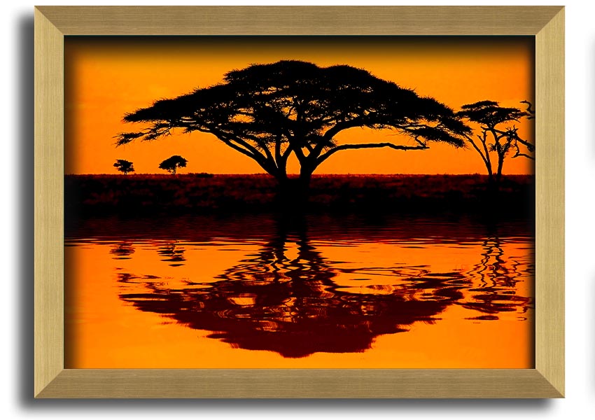 Framed print of an African tree reflection, showcasing vibrant colors and intricate details, ready to hang.